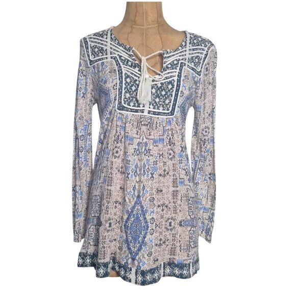 Lucky Brand Blue & Cream Boho Western Long Sleeve Blouse Size Small - Picture 1 of 4